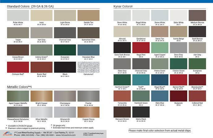 Reference chart showing standard, Kynar, and metallic metal-roof colors