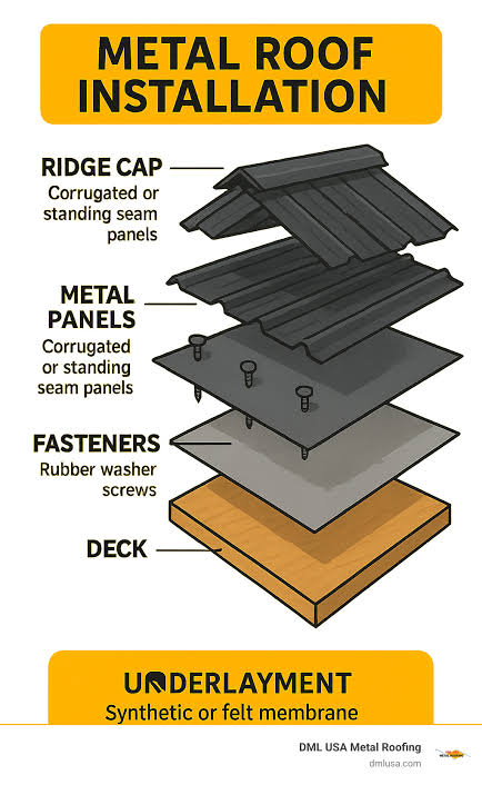 Diagram identifying the deck, underlayment, fasteners, metal panels, and ridge cap of a metal roof